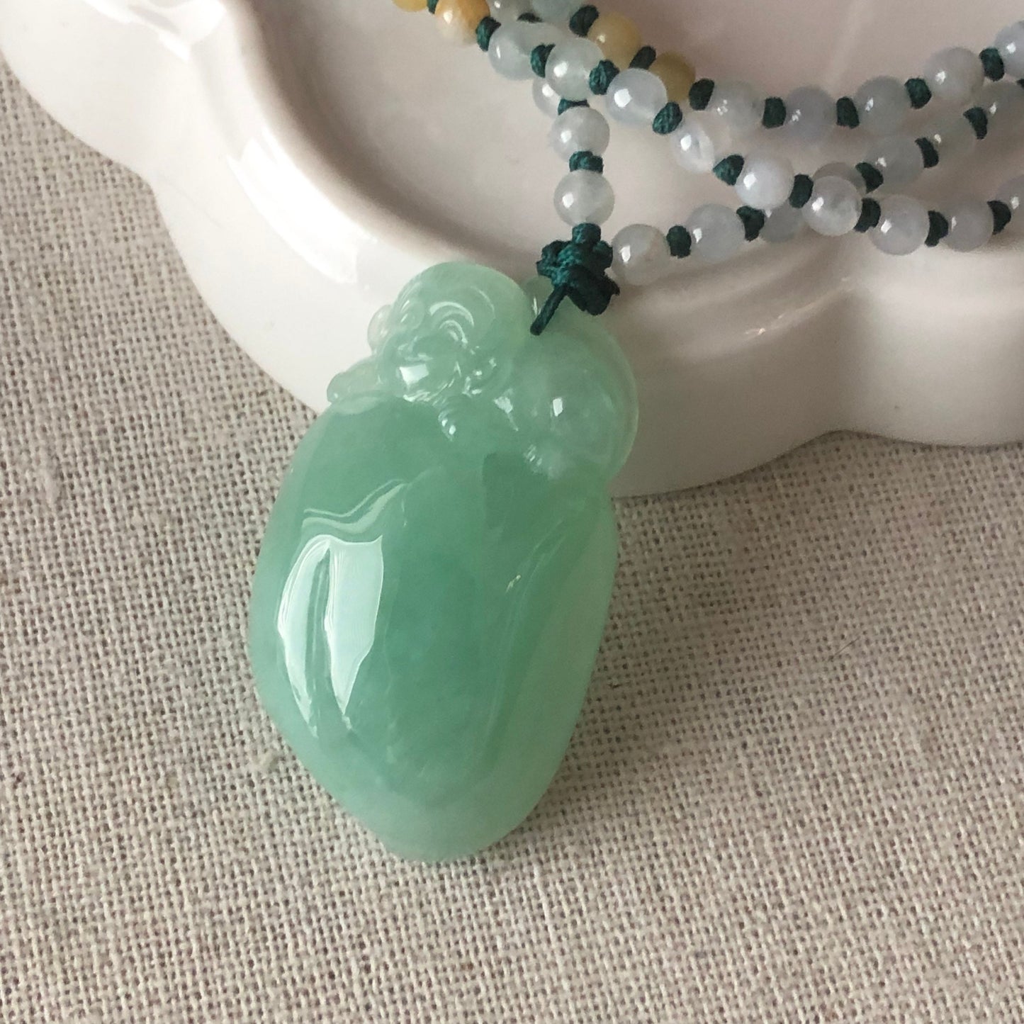 34.8 mm Icy Green Jadeite Jade Carved Monkey Peach Pendant