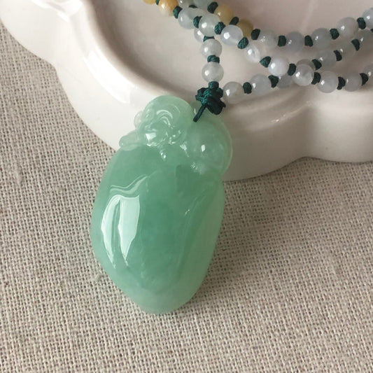 34.8 mm Icy Green Jadeite Jade Carved Monkey Peach Pendant