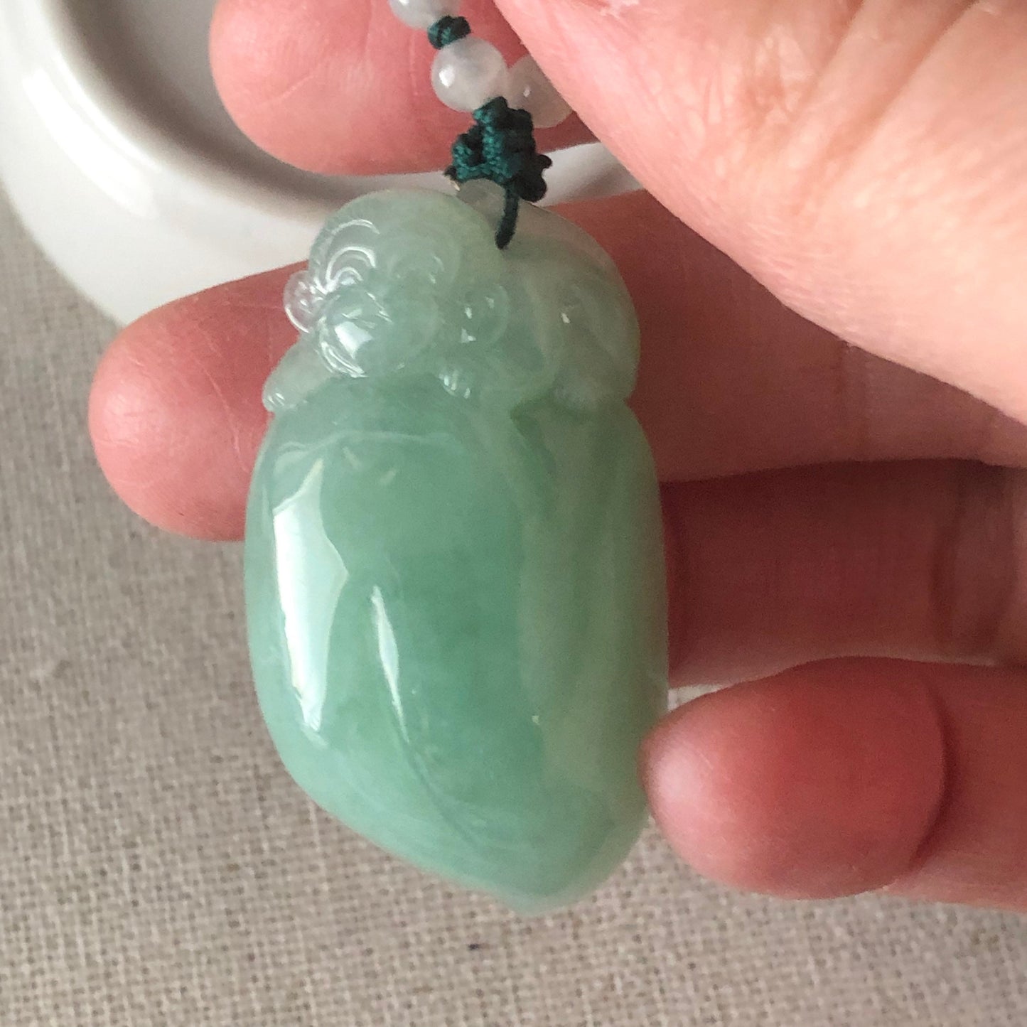 34.8 mm Icy Green Jadeite Jade Carved Monkey Peach Pendant