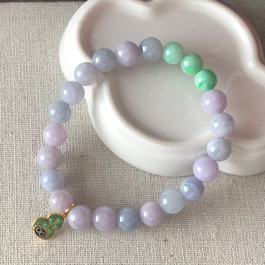 7.5-8mm Earthy Blue Lavender Green Float Flowers Jadeite Jade Bead Bracelet