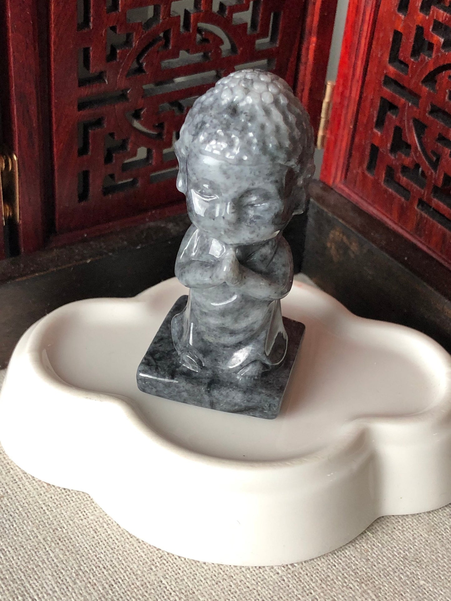 59.4 mm Carved Wuji Black Grey Praying Baby Buddha Jadeite Jade Statue Display