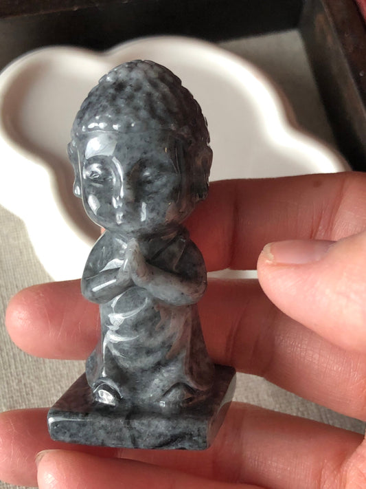59.4 mm Carved Wuji Black Grey Praying Baby Buddha Jadeite Jade Statue Display