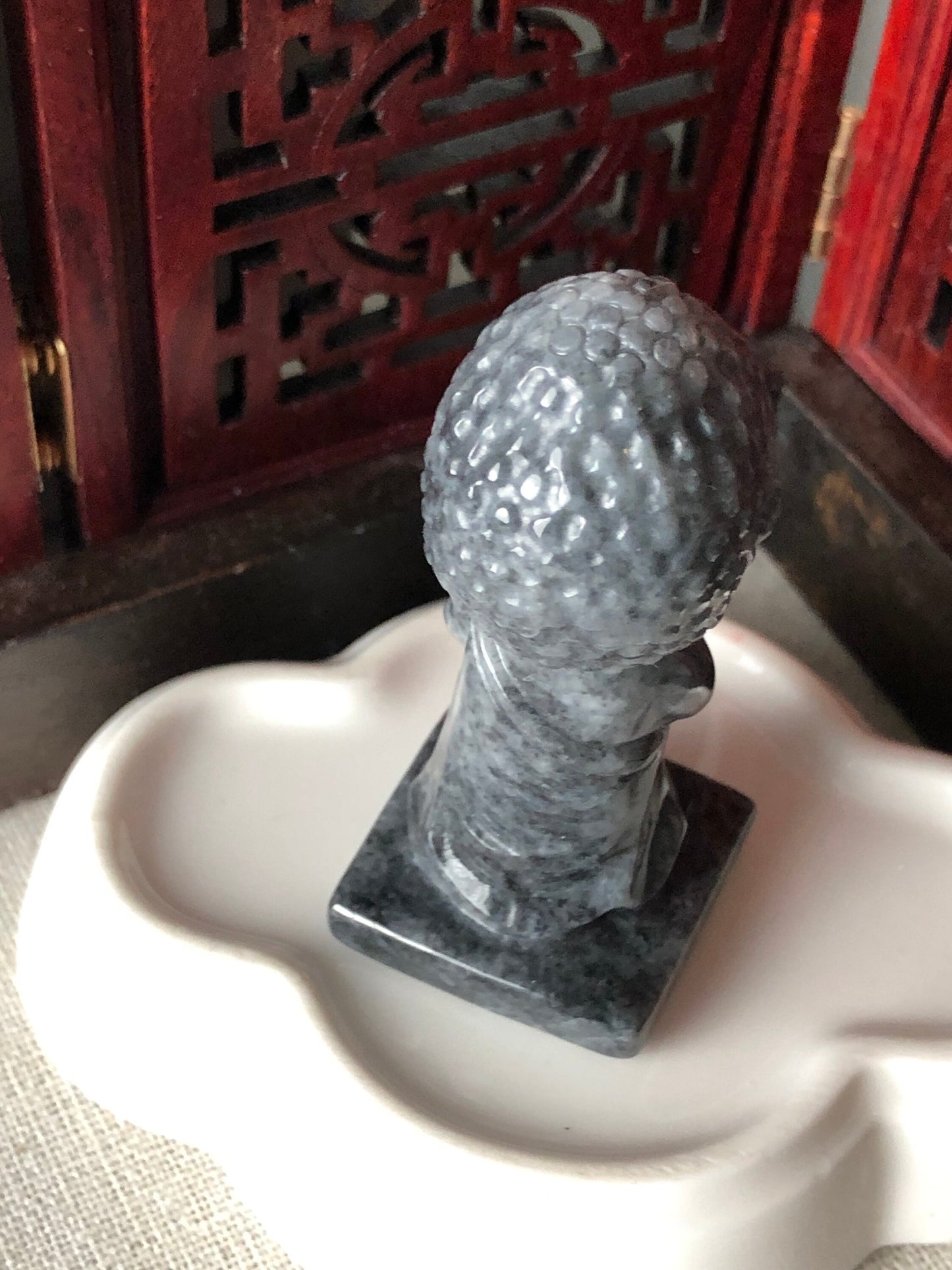 59.4 mm Carved Wuji Black Grey Praying Baby Buddha Jadeite Jade Statue Display