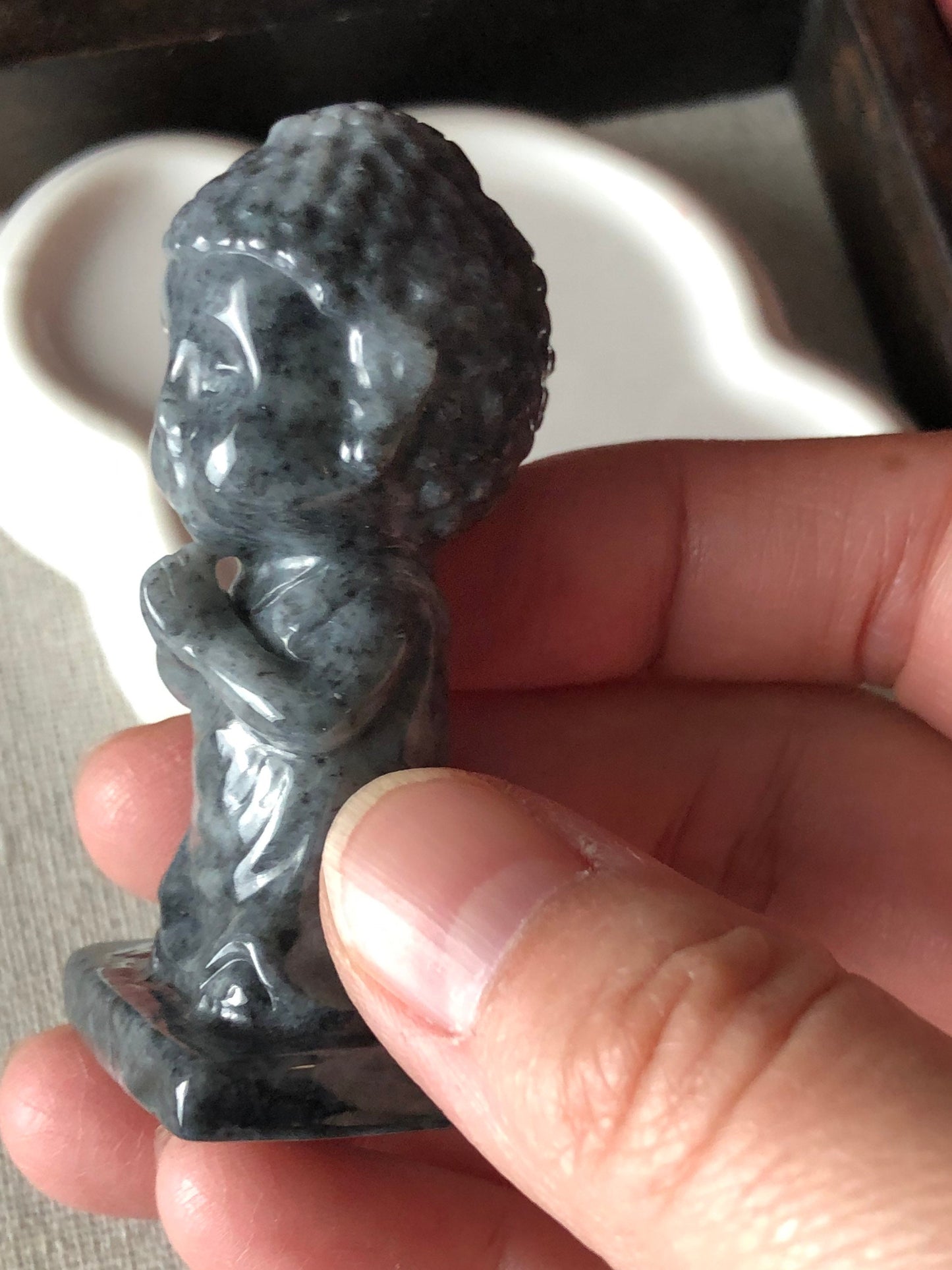 59.4 mm Carved Wuji Black Grey Praying Baby Buddha Jadeite Jade Statue Display