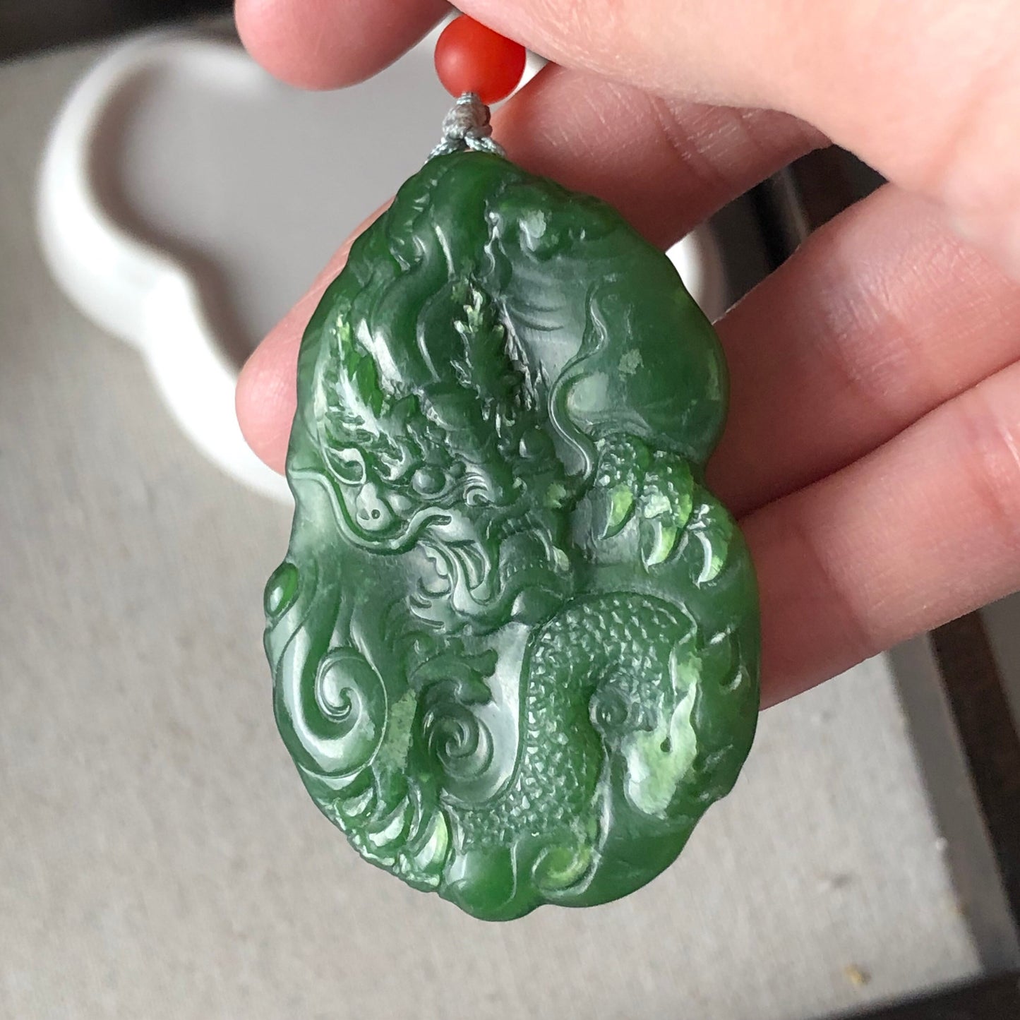 51.9 mm Glutinous Green Hetian Jade Carved Dragon Pendant