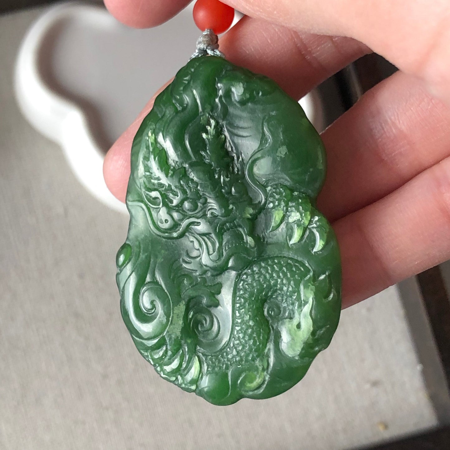51.9 mm Glutinous Green Hetian Jade Carved Dragon Pendant