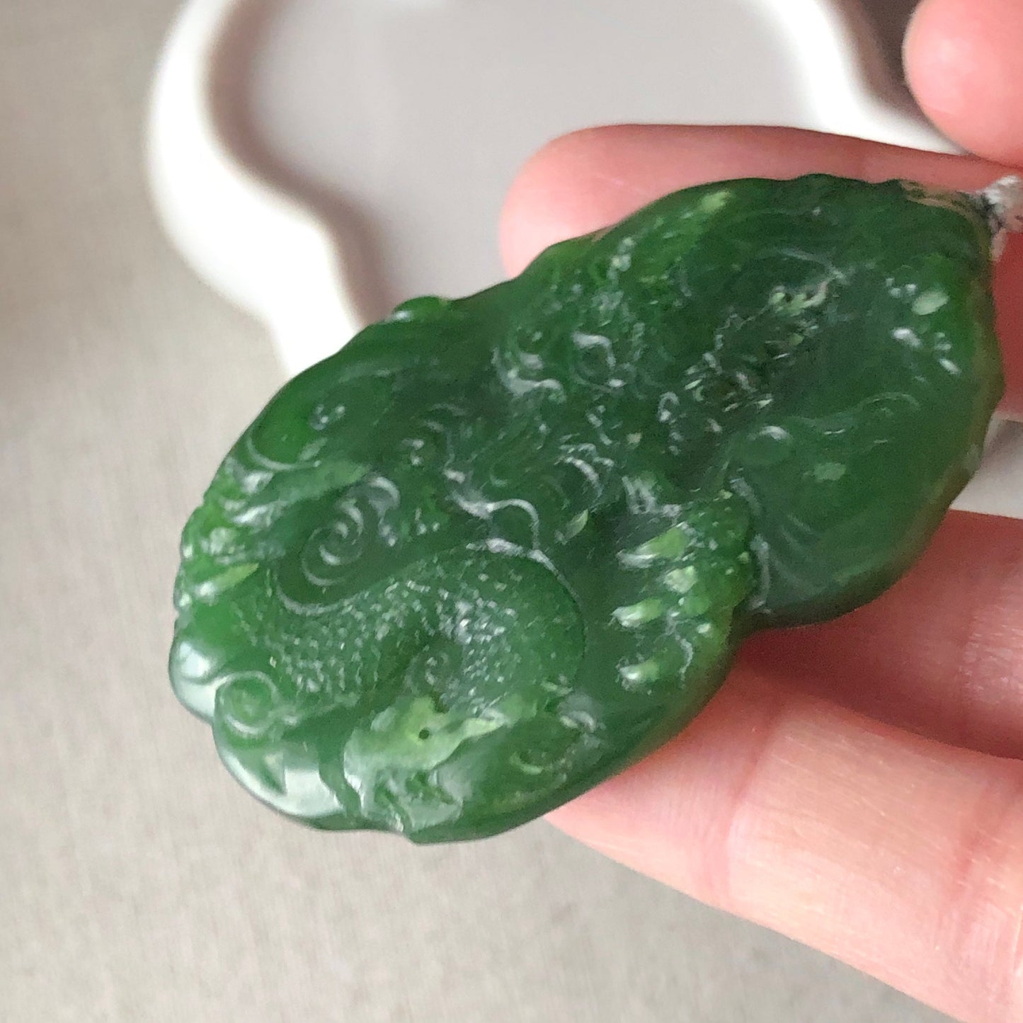 51.9 mm Glutinous Green Hetian Jade Carved Dragon Pendant