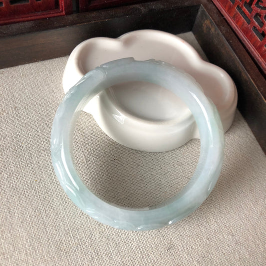 57 mm Jadeite Jade Icy Sky Blue Carved Ruyi Coin Asian Pattern Bangle