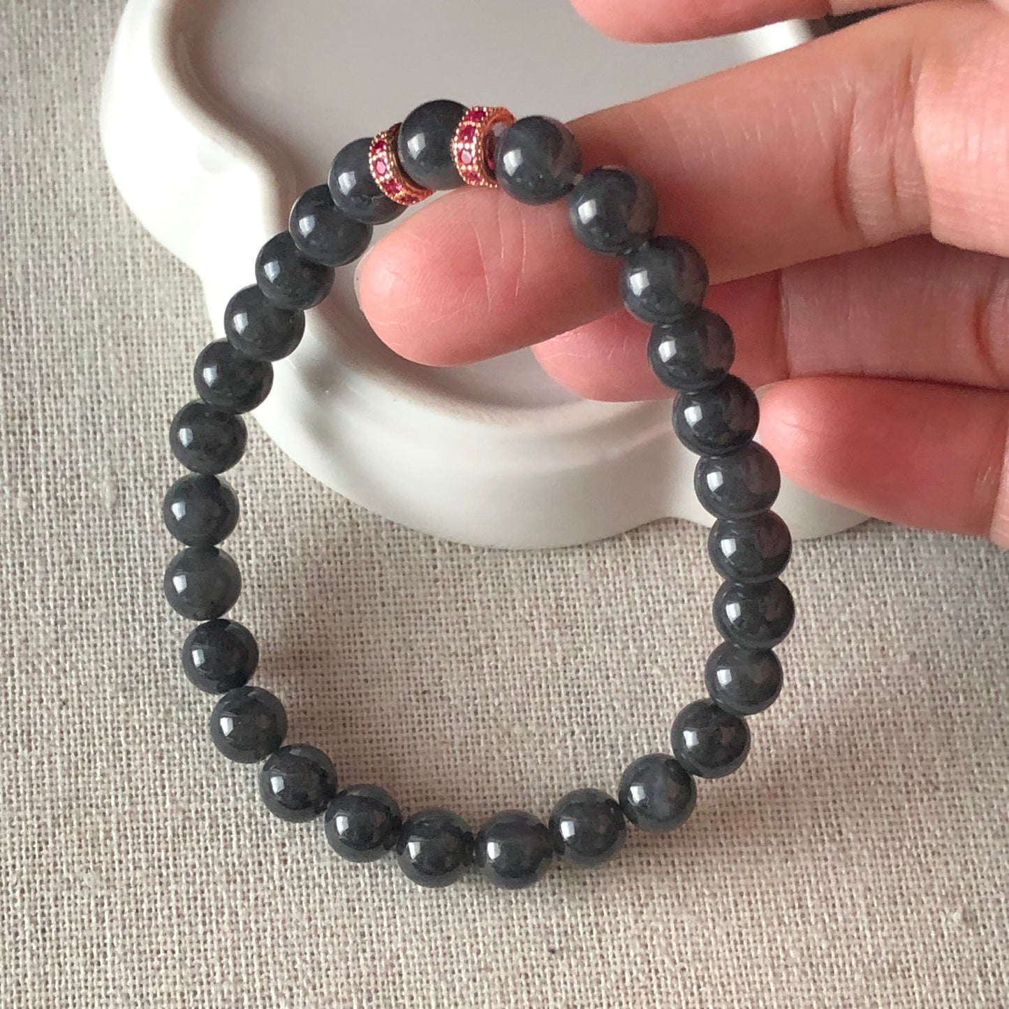 7 mm Wuji Grey Jadeite Jade Bead Bracelet 27pcs.