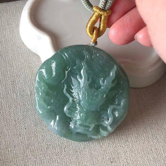 51.8mm Green Jadeite Jade Carved Dragon Pendant RARE