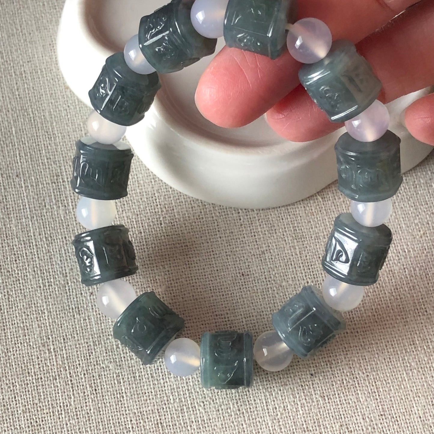 11.6 mm Icy Wuji Green RARE Jadeite Jade Carved Six Word Blessing Bead Bracelet 11pcs.