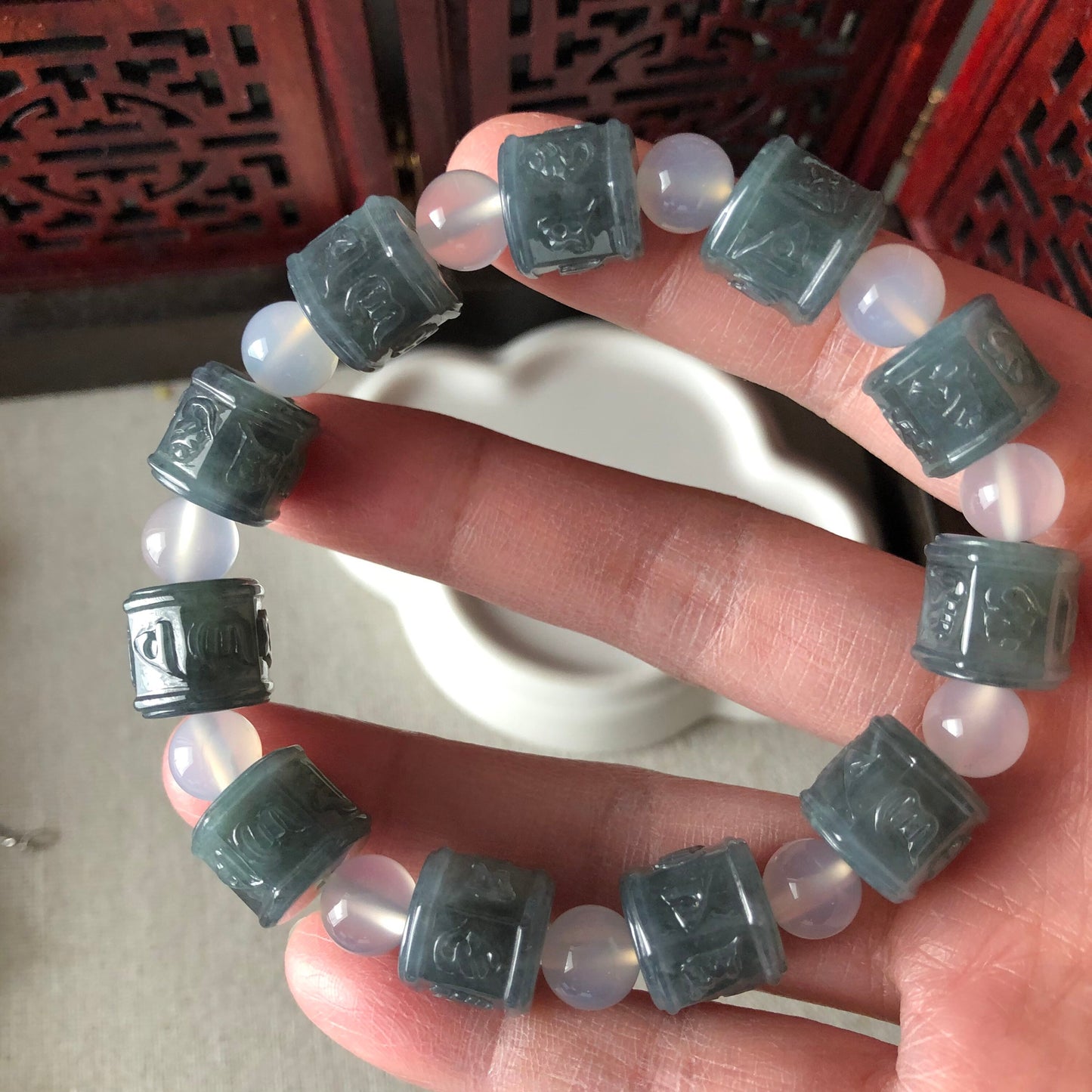 11.6 mm Icy Wuji Green RARE Jadeite Jade Carved Six Word Blessing Bead Bracelet 11pcs.