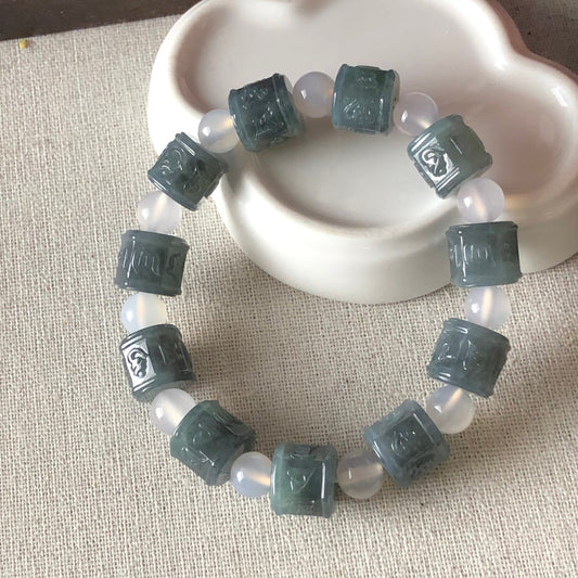 11.6 mm Icy Wuji Green RARE Jadeite Jade Carved Six Word Blessing Bead Bracelet 11pcs.