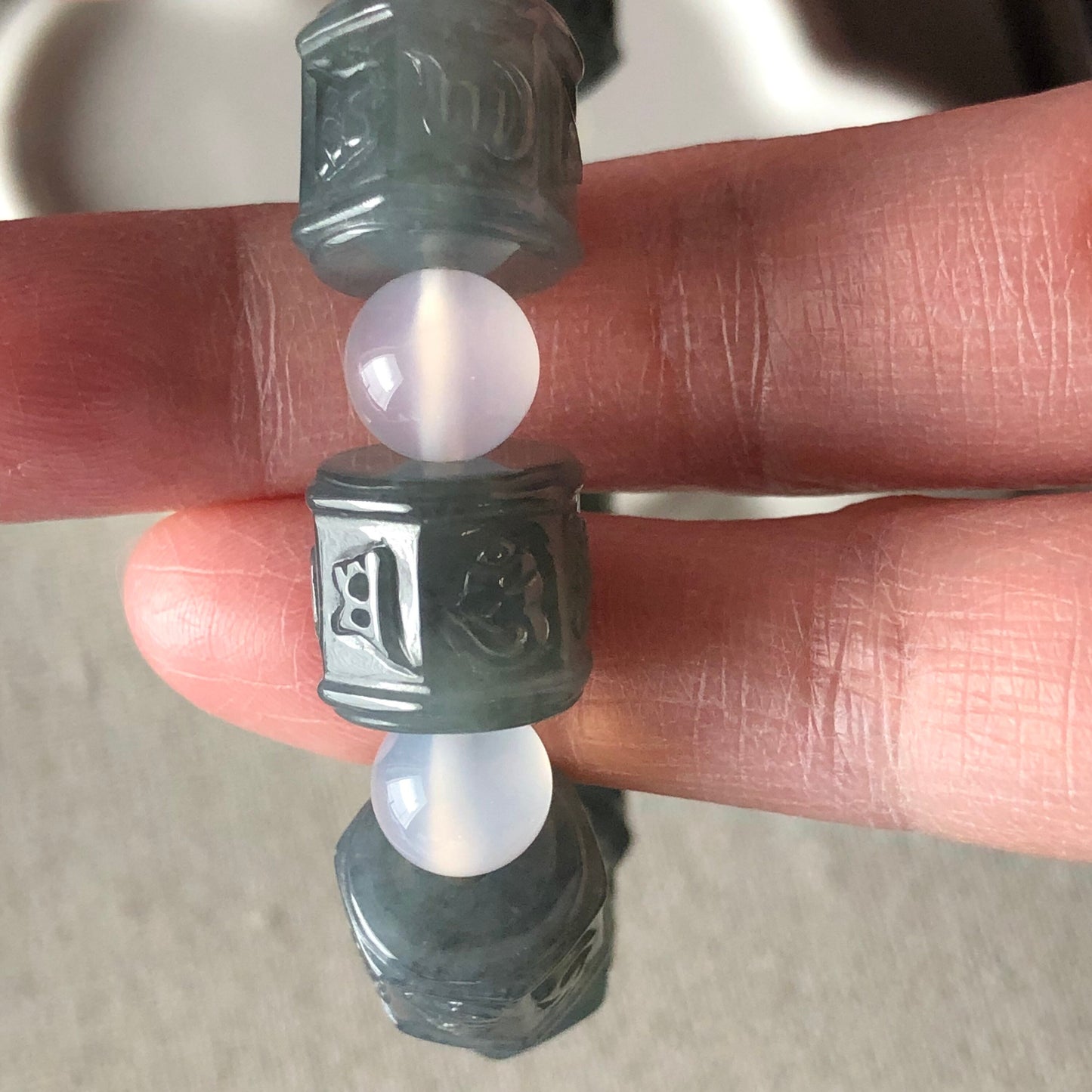 11.6 mm Icy Wuji Green RARE Jadeite Jade Carved Six Word Blessing Bead Bracelet 11pcs.