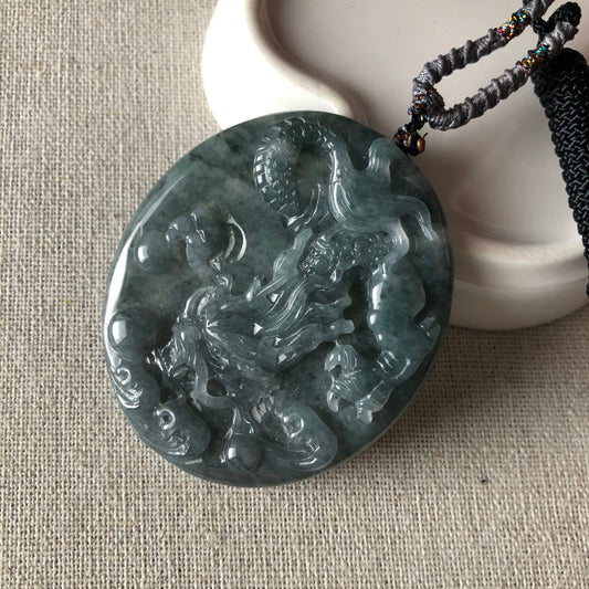 51.9 mm Wuji Green Jadeite Jade 3D Carved Dragon Pendant