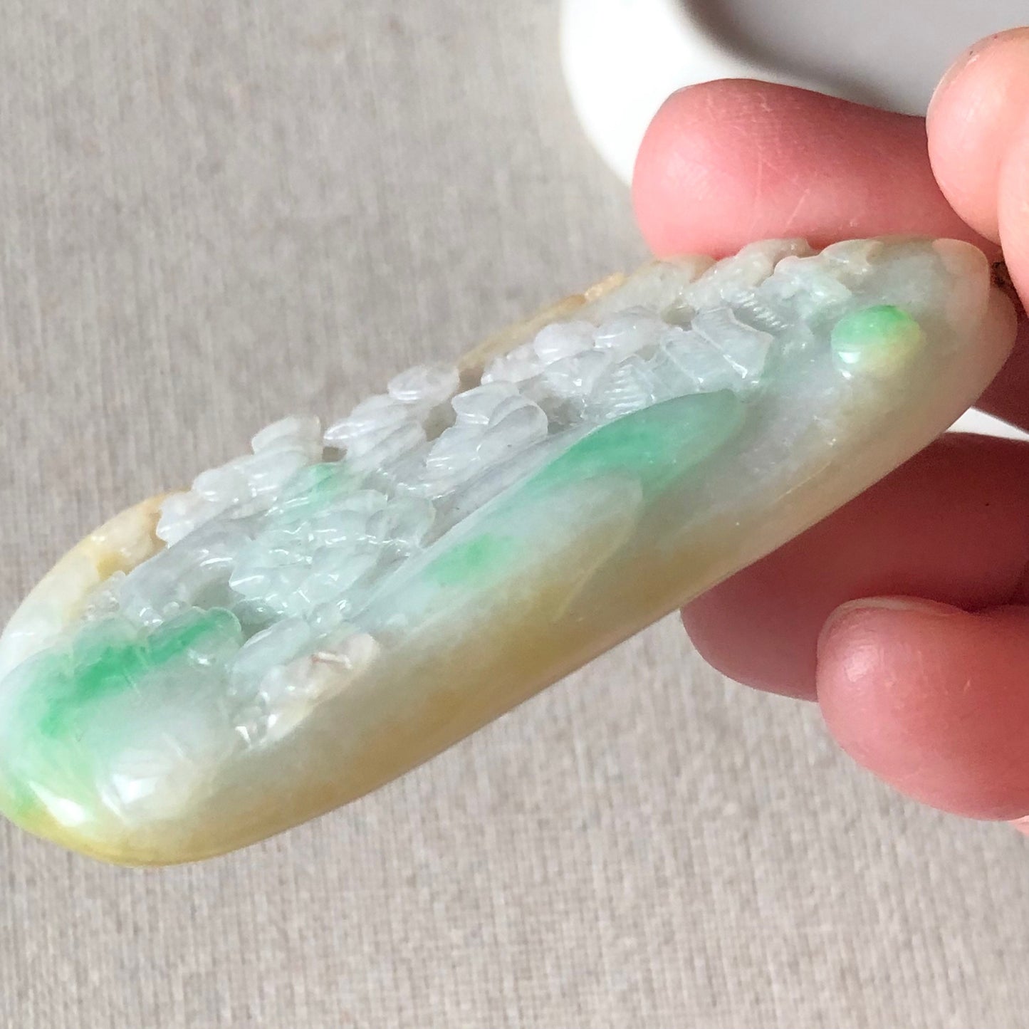 61.2 mm Green Yellow Jadeite Jade Carved Landscape Trees Mountain Pendant