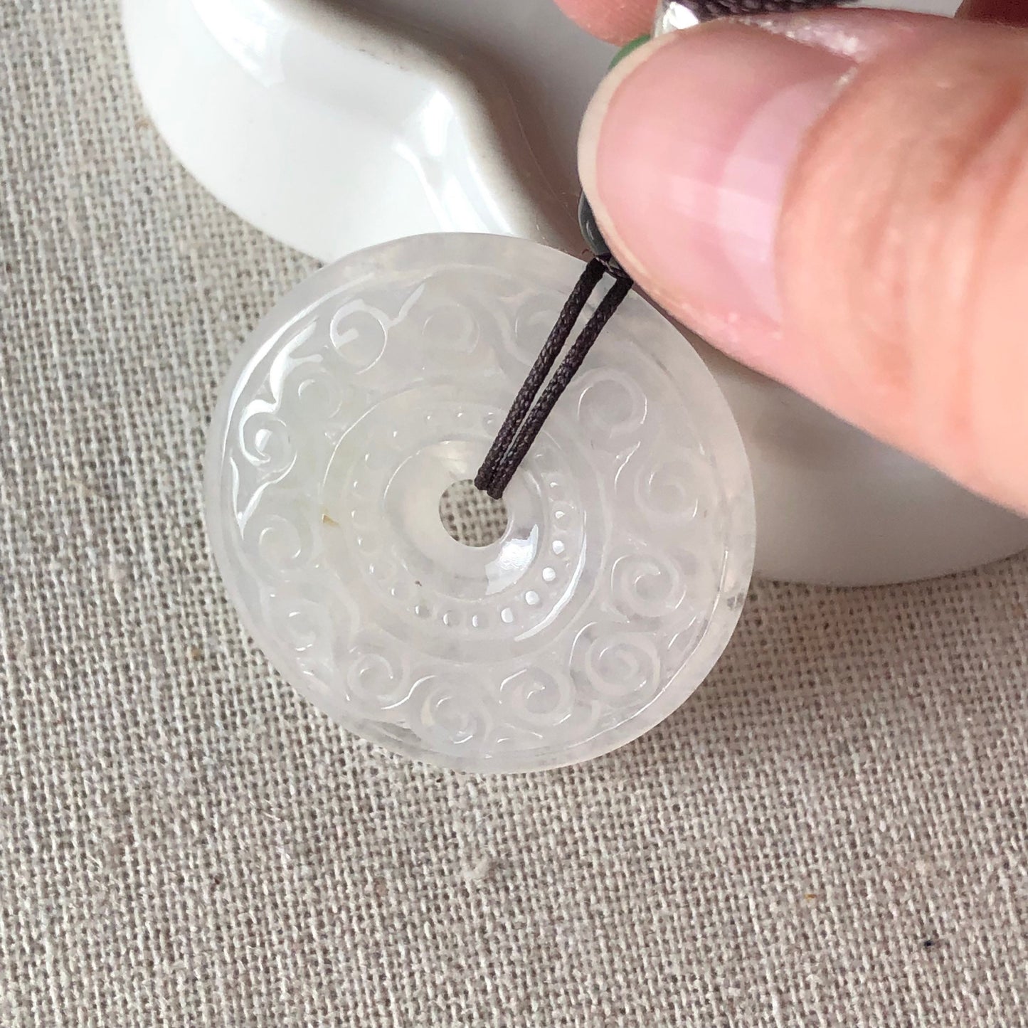 32.5 mm High Icy Jadeite Jade Carved Peace Donut Pendant