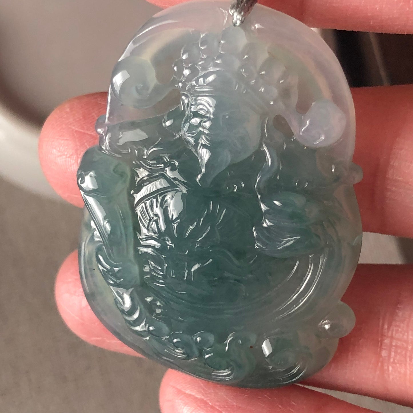 41.8mm Icy Blue Green Jadeite Green Carved Wealthy God Pendant