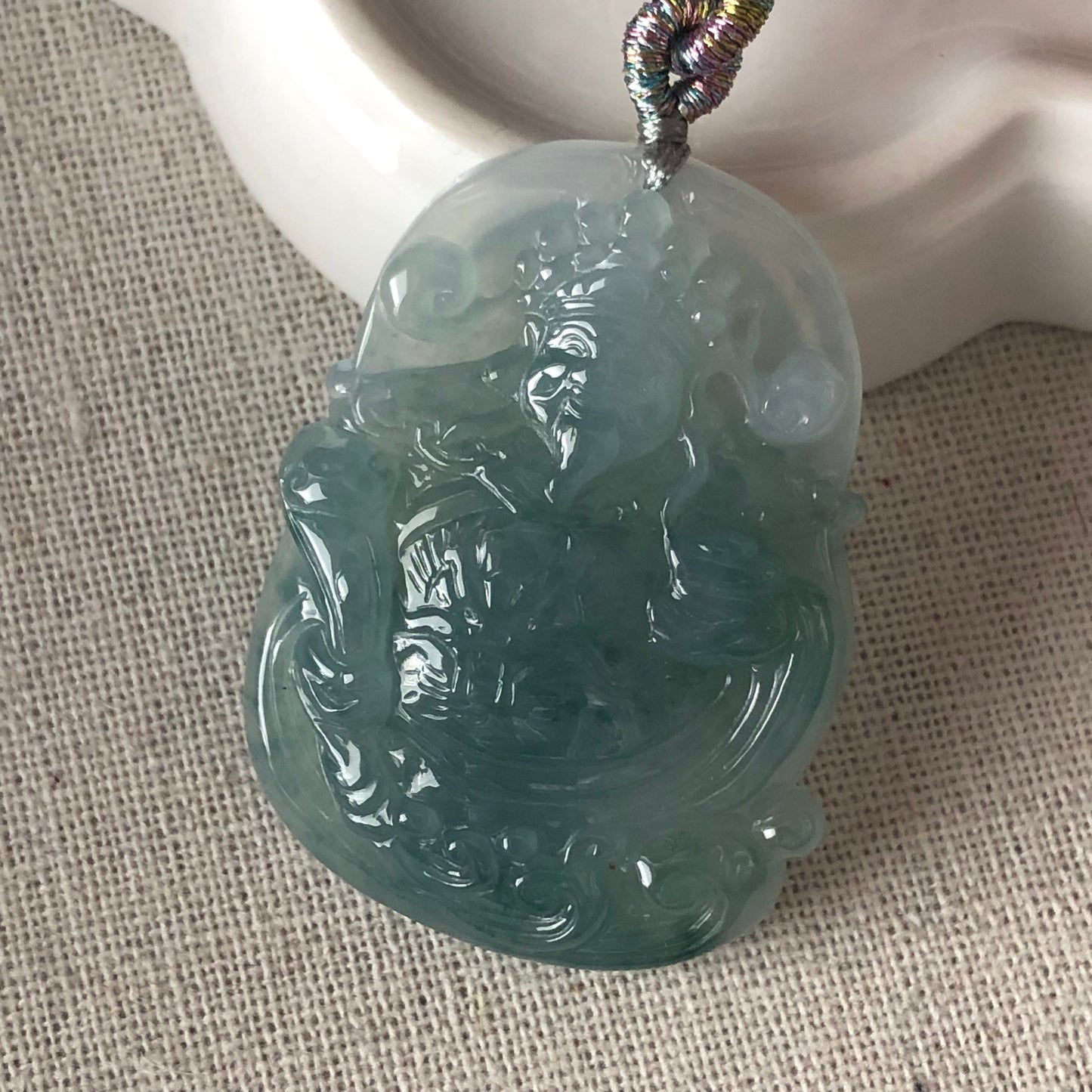 41.8mm Icy Blue Green Jadeite Green Carved Wealthy God Pendant