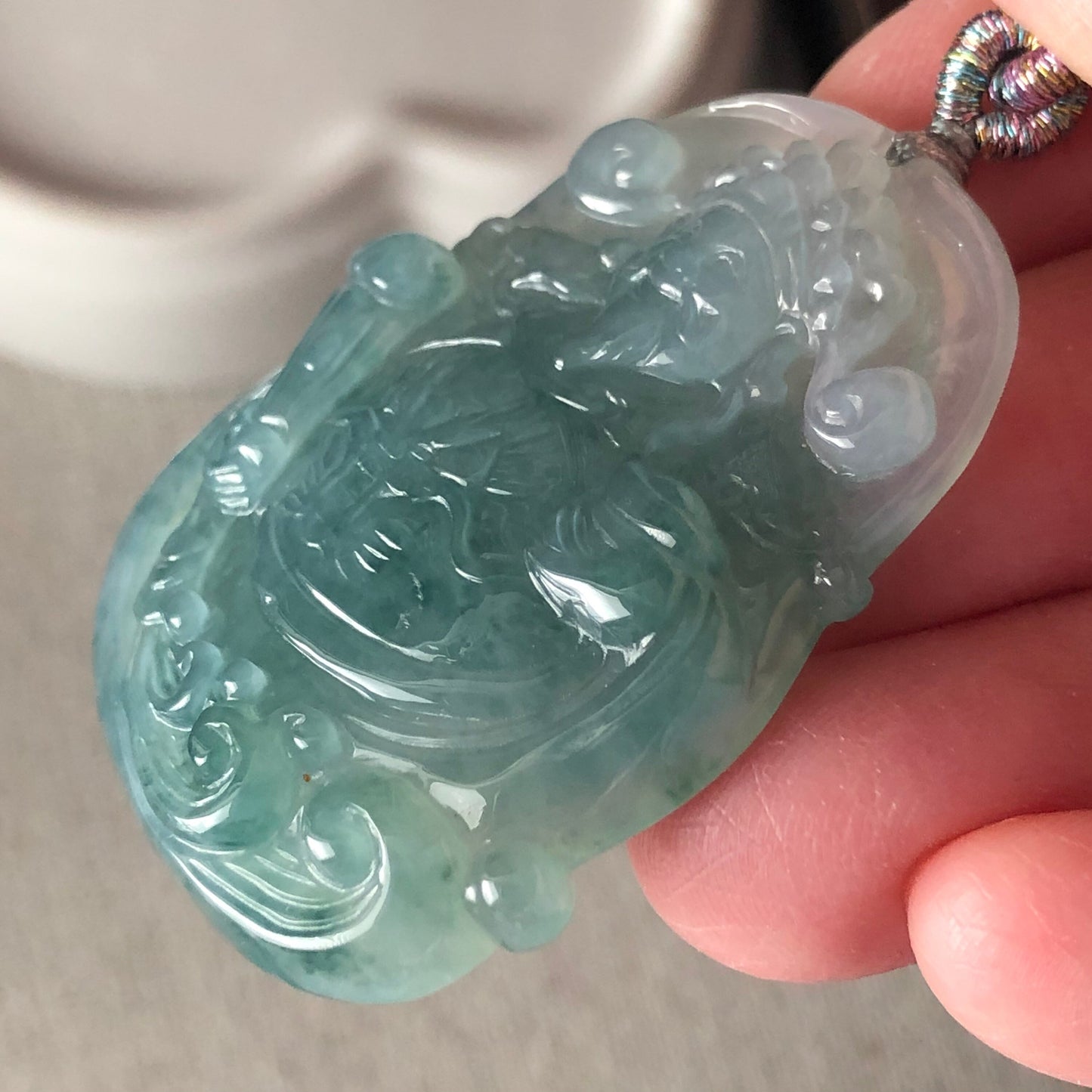 41.8mm Icy Blue Green Jadeite Green Carved Wealthy God Pendant