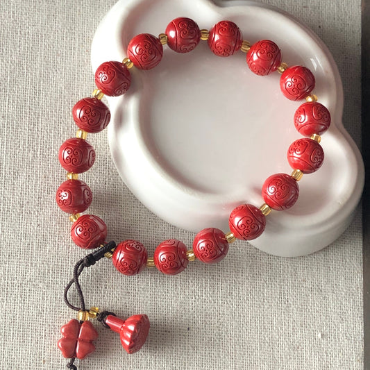 9.6 mm Red Carved Ruyi Cloud Cinnabar Bead Bracelet with Charm