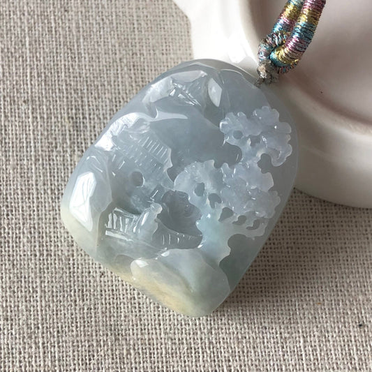 38.4 mm Sky Blue Yellow Jadeite Jade Carved Landscape Trees Mountain Pendant