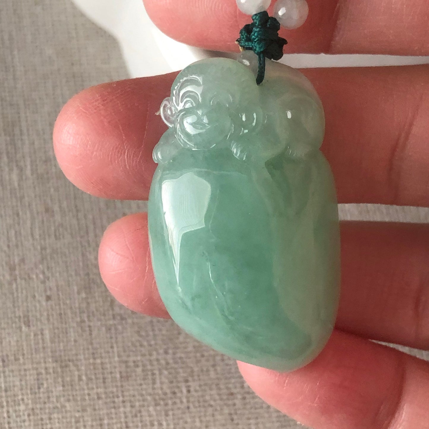 34.8 mm Icy Green Jadeite Jade Carved Monkey Peach Pendant