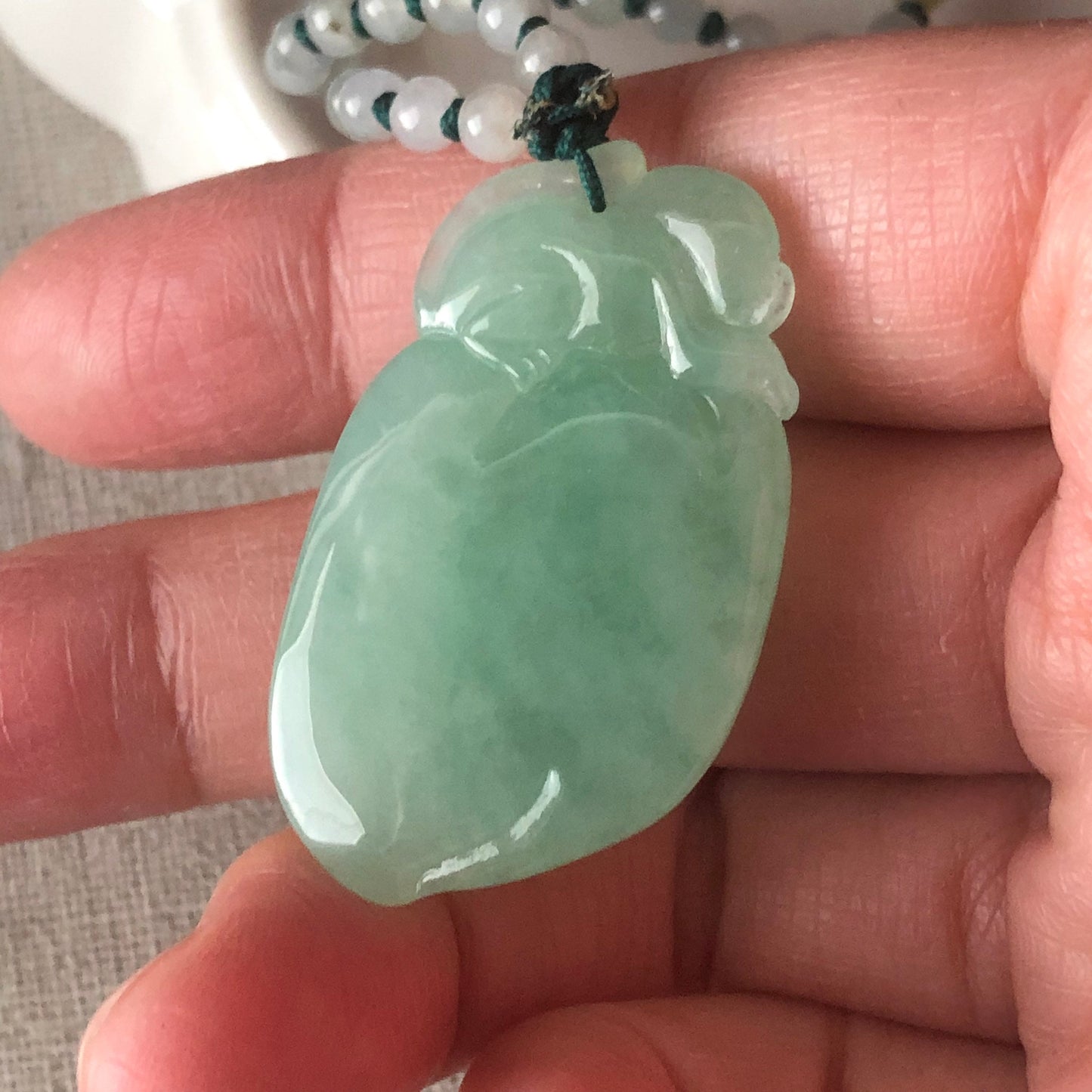 34.8 mm Icy Green Jadeite Jade Carved Monkey Peach Pendant