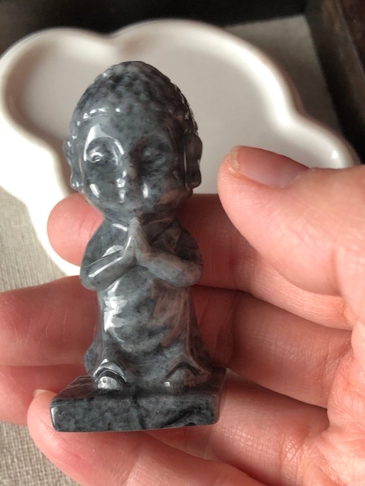 59.4 mm Carved Wuji Black Grey Praying Baby Buddha Jadeite Jade Statue Display