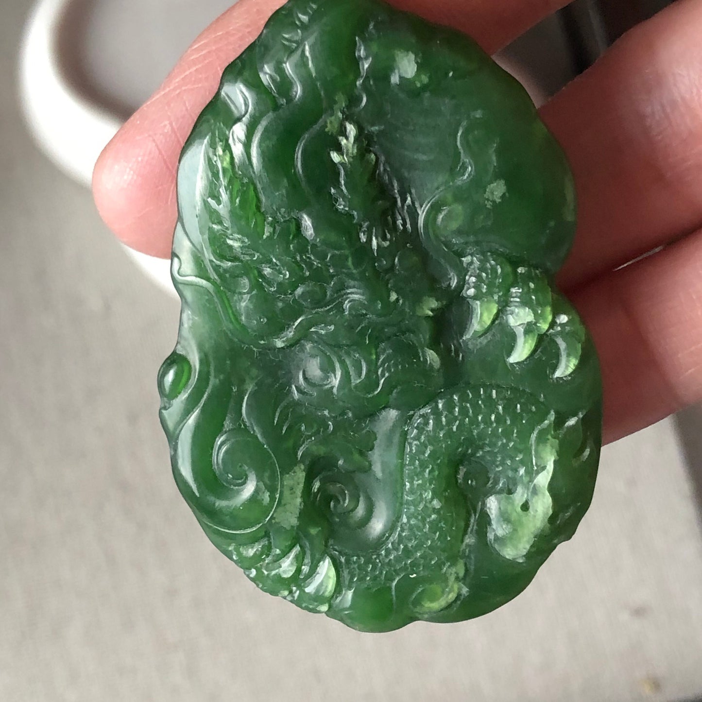 51.9 mm Glutinous Green Hetian Jade Carved Dragon Pendant