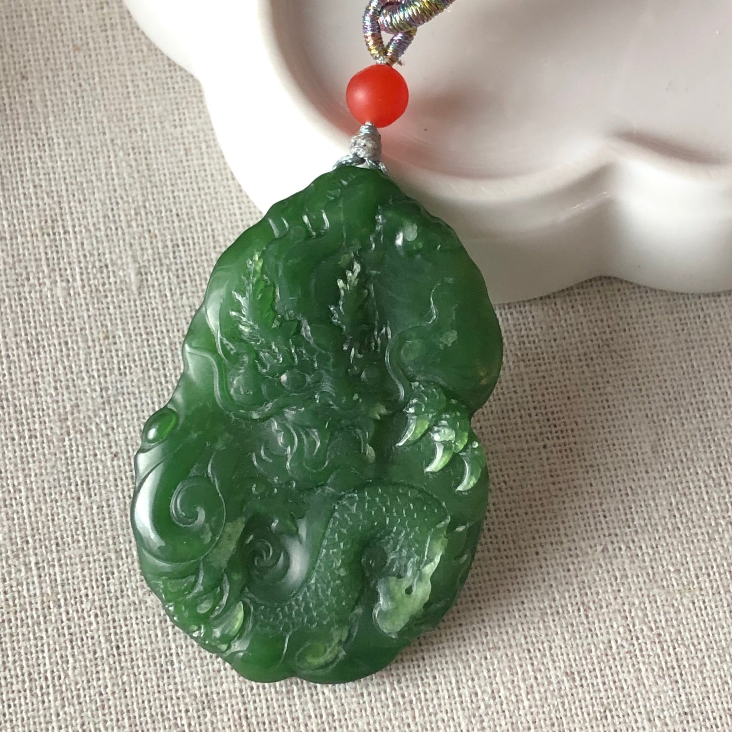 51.9 mm Glutinous Green Hetian Jade Carved Dragon Pendant