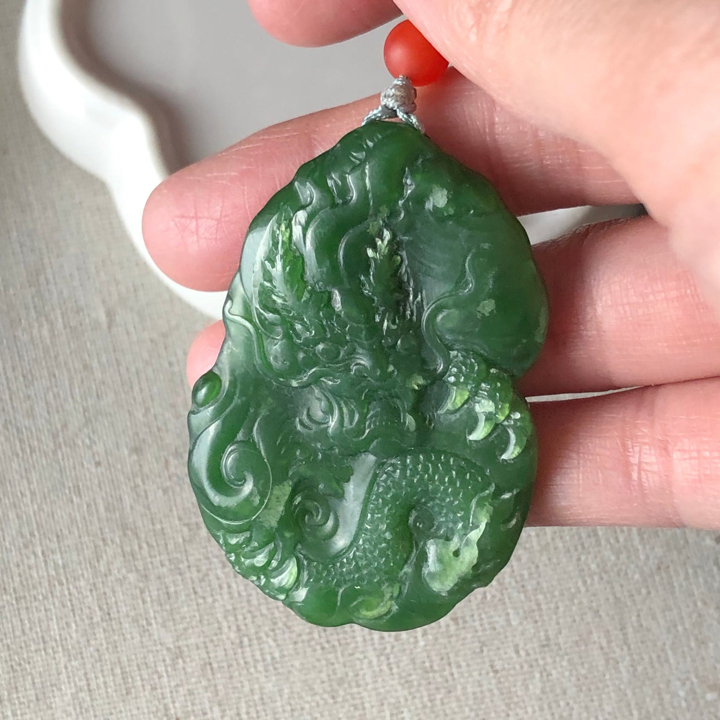 51.9 mm Glutinous Green Hetian Jade Carved Dragon Pendant