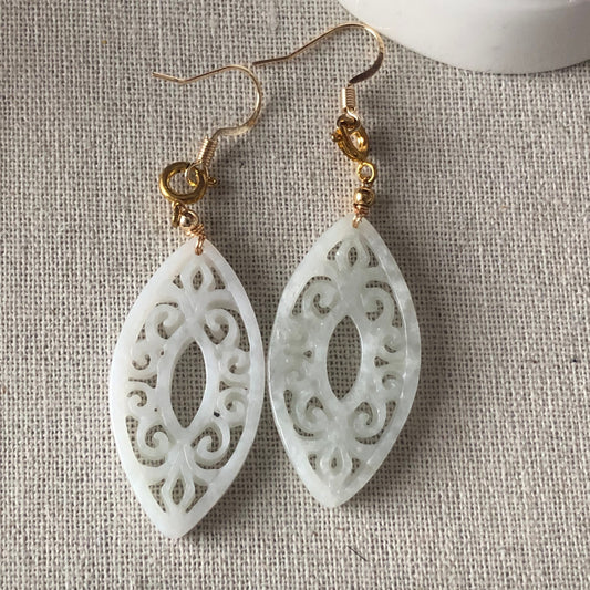 38.3mm White Carved Jadeite Jade Dangling Earrings 925 gold silver