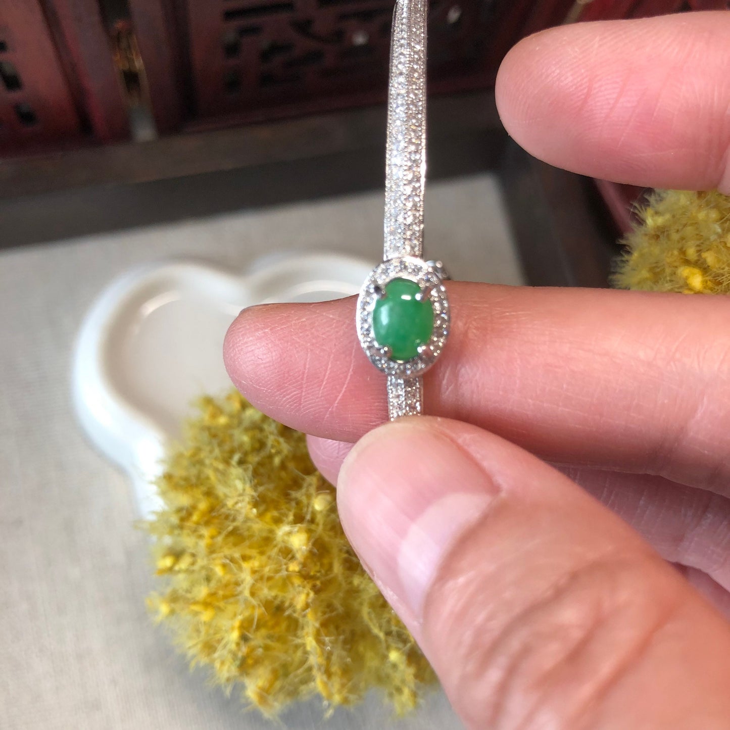 925 Sterling Silver Grade A Green Cabochon Jadeite Jade Bracelet