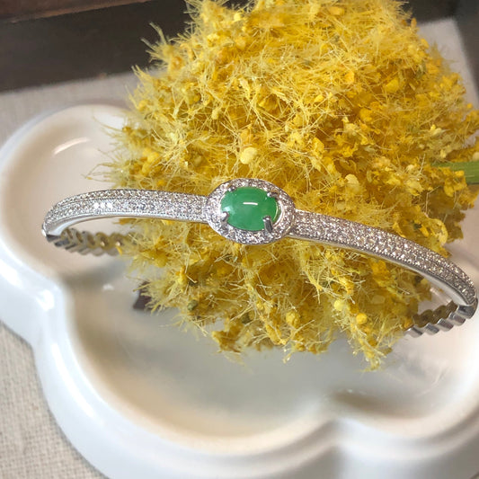 925 Sterling Silver Grade A Green Cabochon Jadeite Jade Bracelet