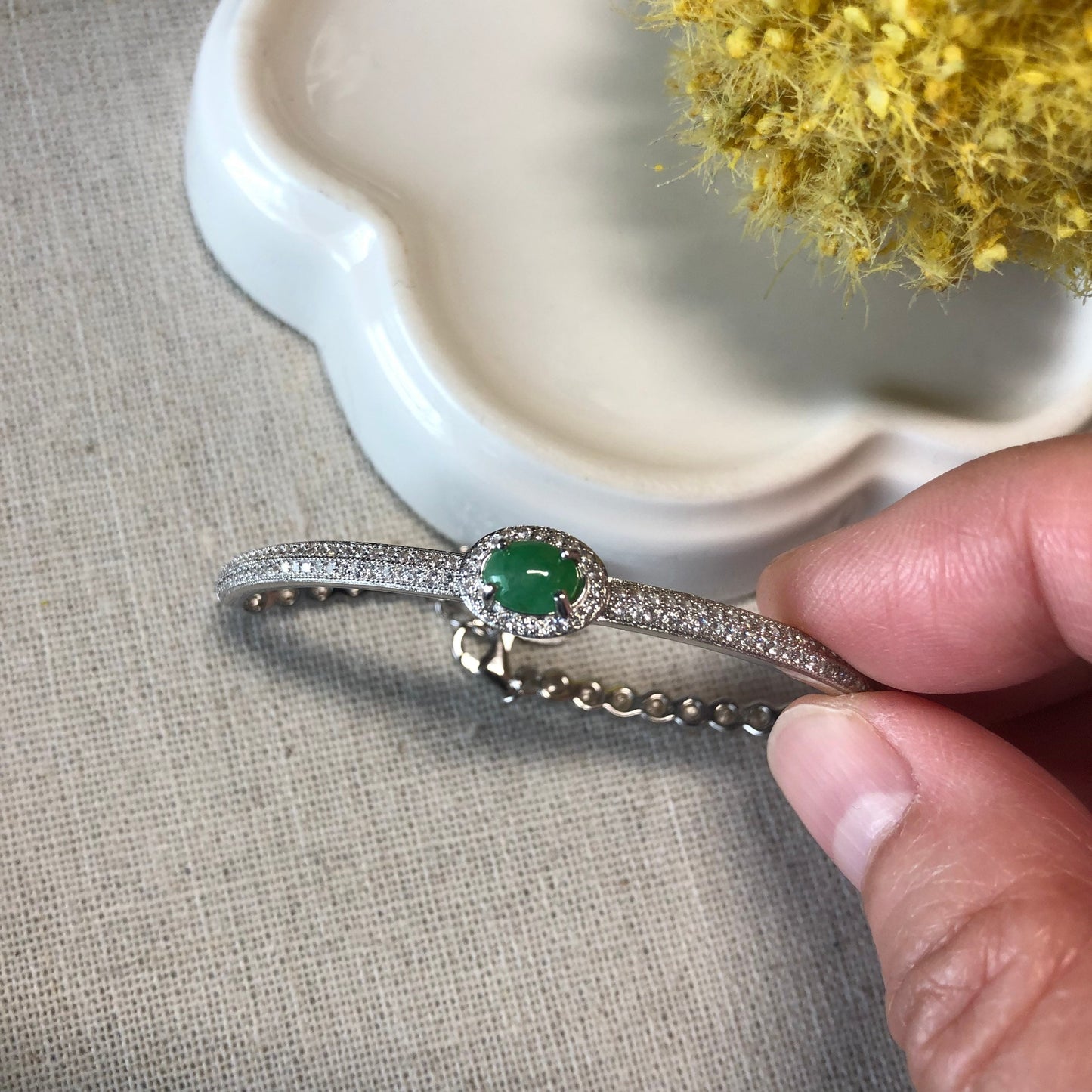 925 Sterling Silver Grade A Green Cabochon Jadeite Jade Bracelet