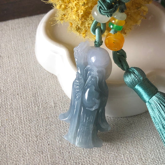 42.6mm Jadeite Jade Glutinous Carved Blue Lavender Longevity God Pendant