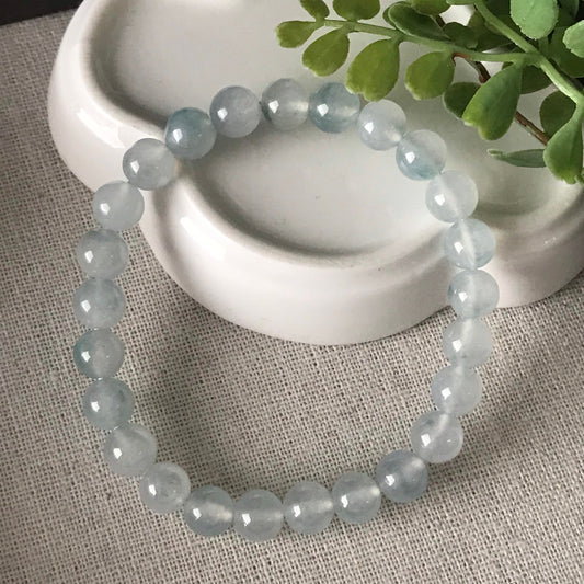 7.7 mm Grade A Icy Sky Blue Green Float Flowers Round Jadeite Jade Bead Bracelet