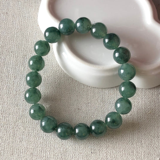 9.7 mm Green Floating Flowers Jadeite Jade Bead Bracelet 19pcs.