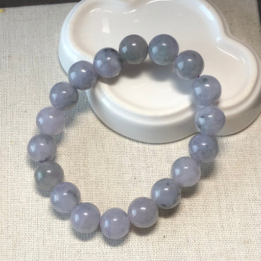 12 mm Lavender Wuji Floating Flowers Jadeite Jade Bead Bracelet 18pcs.