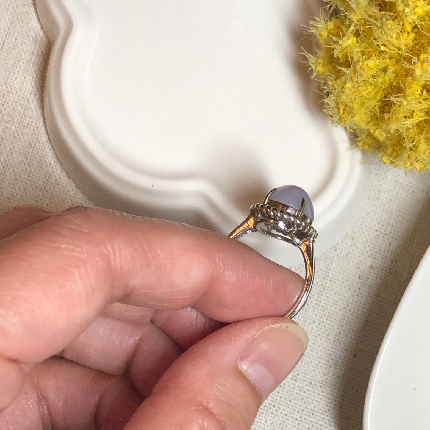 Jadeite Jade Lavender Cabochon Carved Ring set on 925 sterling silver.