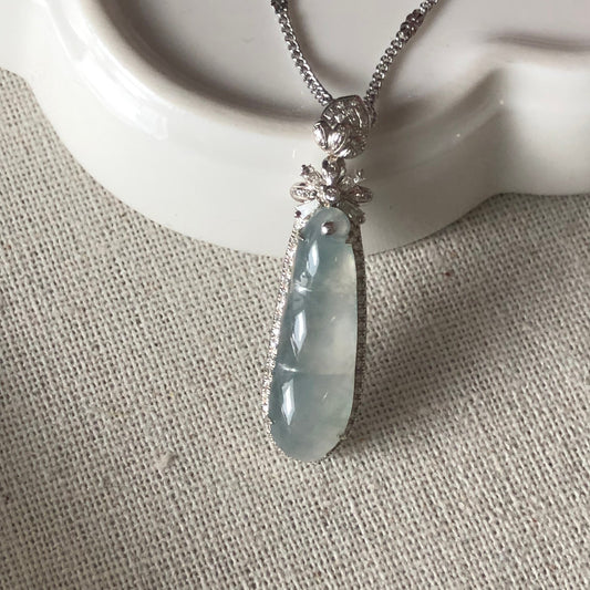 36.7mm High Icy Glow Jadeite Jade Carved Bead Pendant set on 18K White Gold