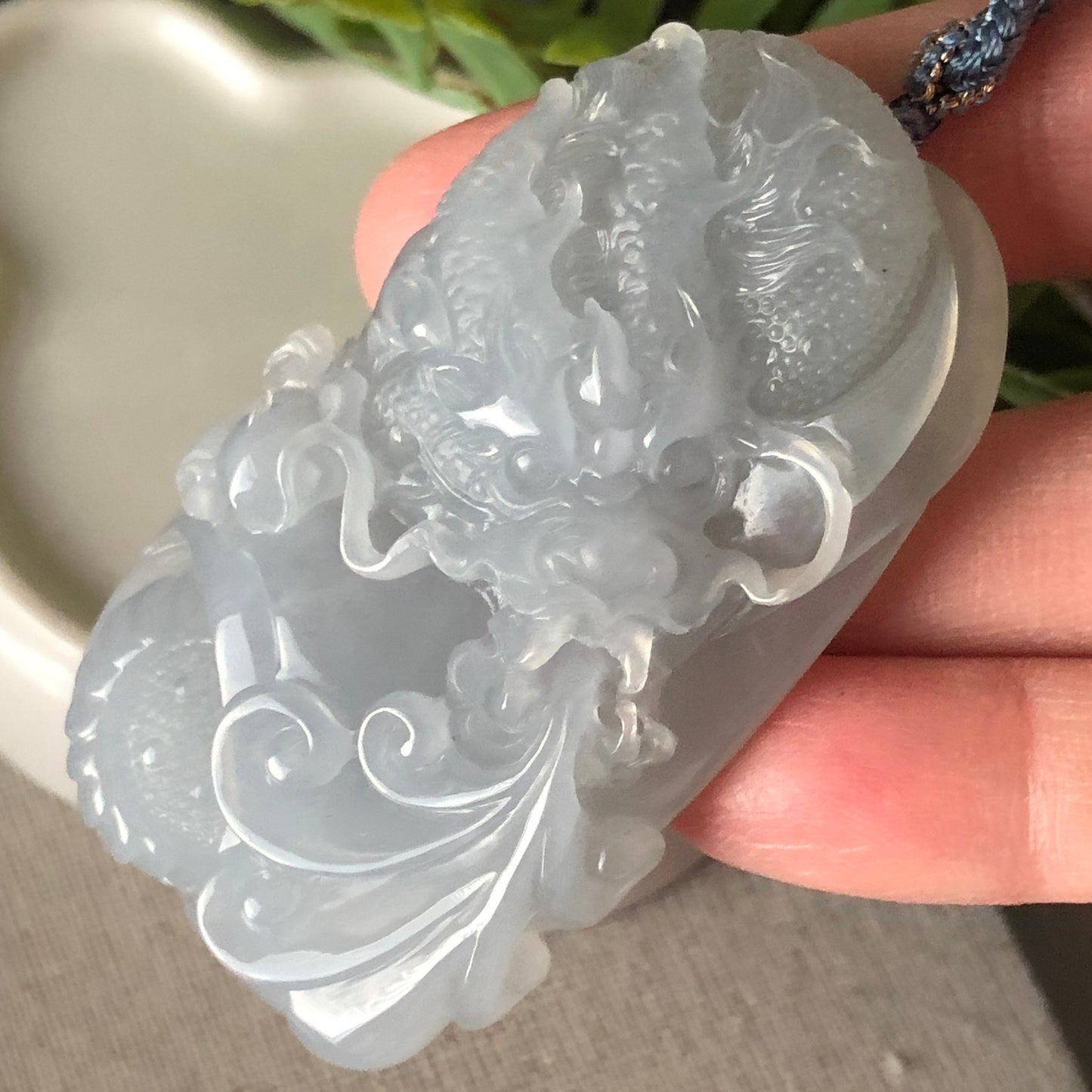 60 mm Icy Sky Blue Glutinous Jadeite Jade Carved Dragon Pendant