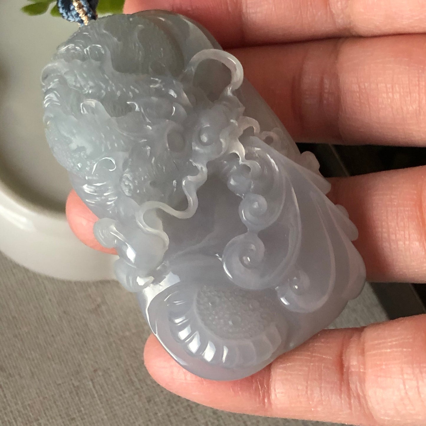 60 mm Icy Sky Blue Glutinous Jadeite Jade Carved Dragon Pendant