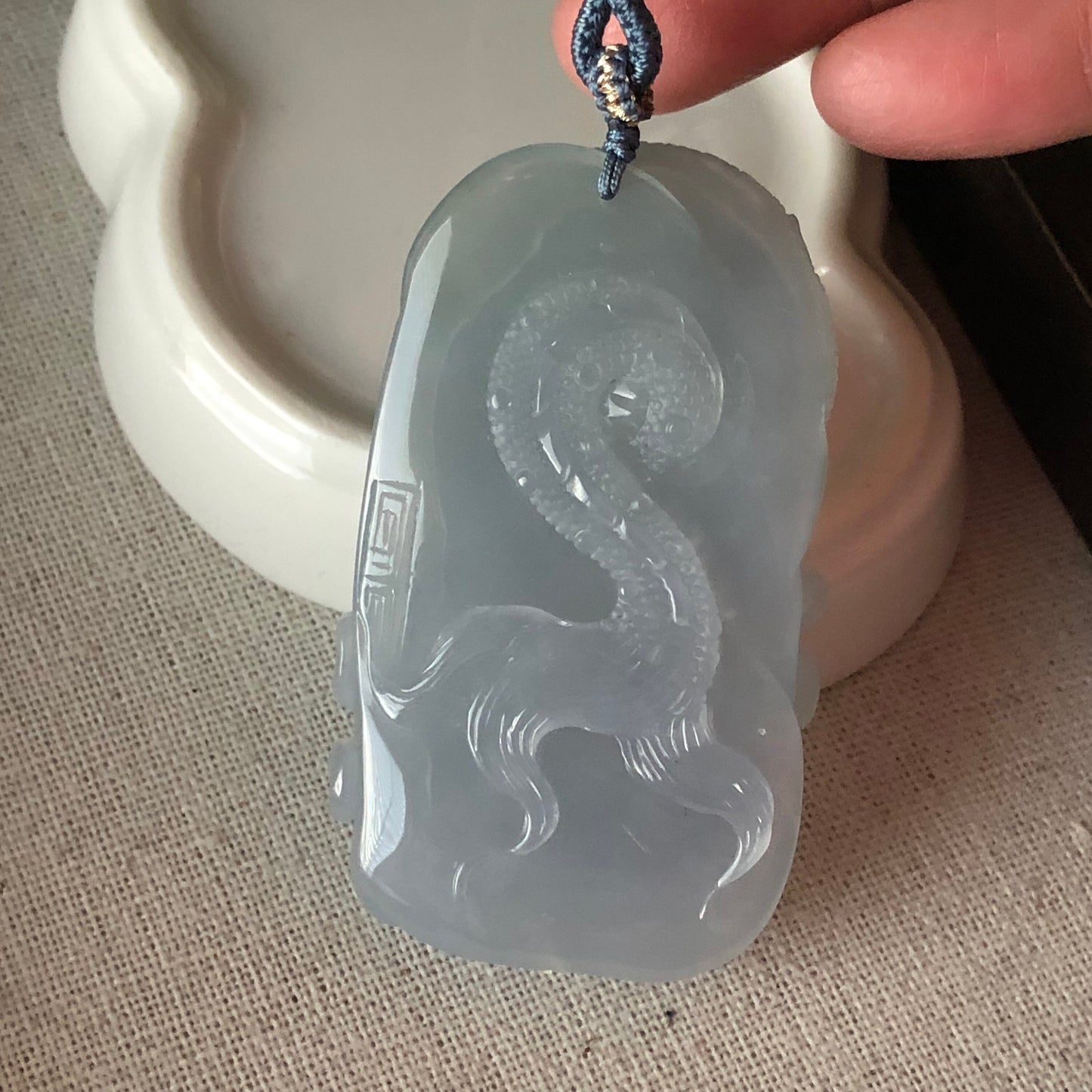 60 mm Icy Sky Blue Glutinous Jadeite Jade Carved Dragon Pendant