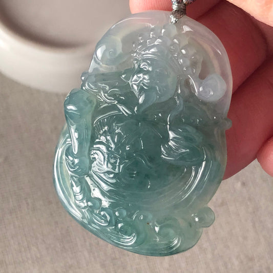 41.8mm Icy Blue Green Jadeite Green Carved Wealthy God Pendant