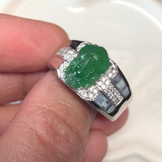 925 Silver Carved Pixiu Men Jadeite Jade Green Ring