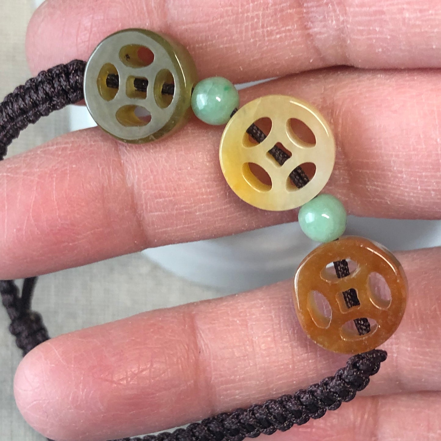 12mm Asst Yellow Brown Green Coin Jadeite Jade Bracelet