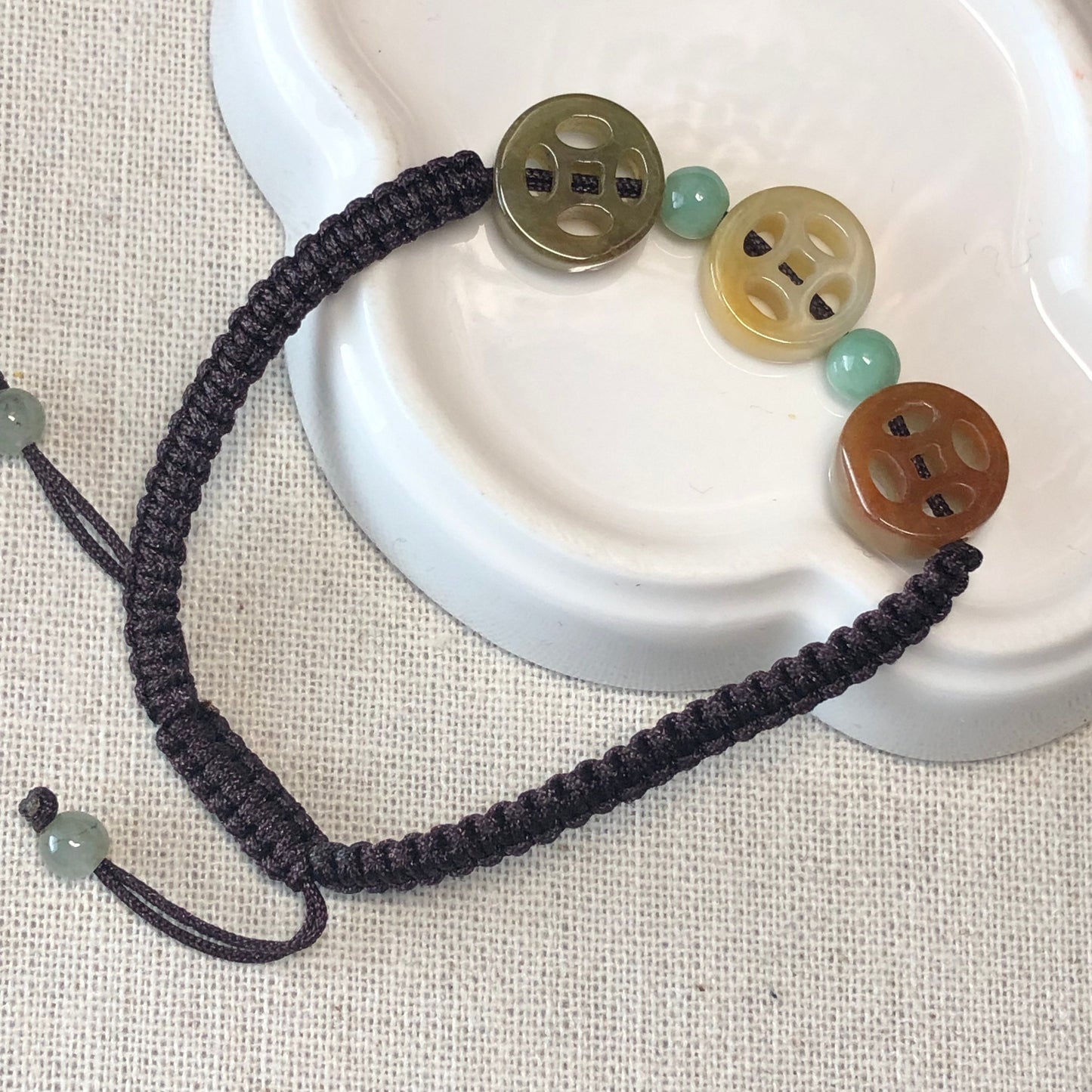 12mm Asst Yellow Brown Green Coin Jadeite Jade Bracelet