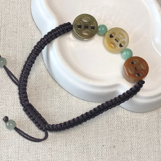 12mm Asst Yellow Brown Green Coin Jadeite Jade Bracelet